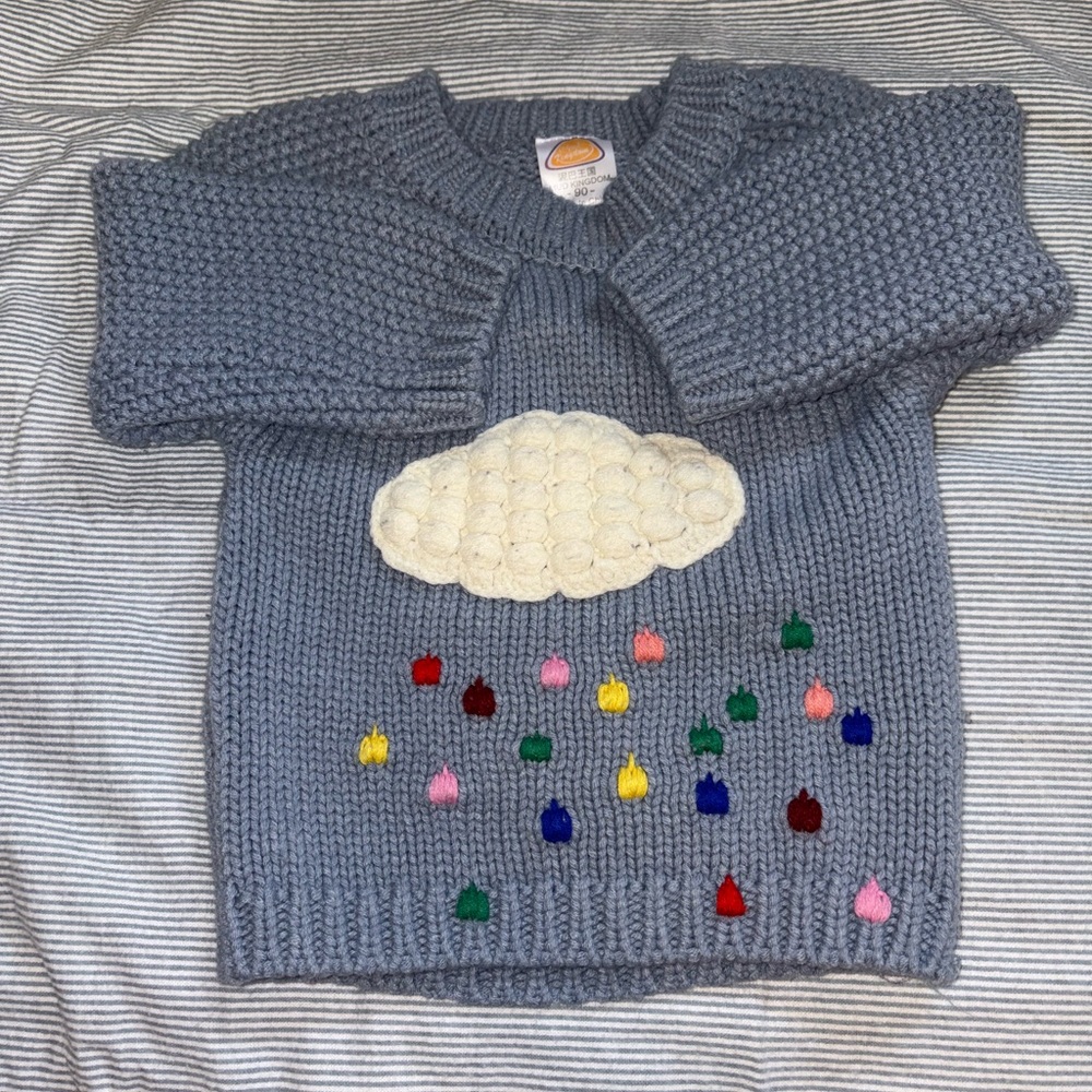 Blue Knitted Kids Sweater with Cloud Rain Design